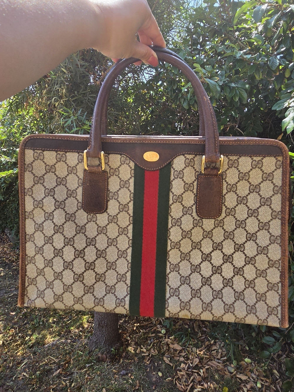 Vintage Gucci Sherryline Brown and Beige GG Canvas Tote with Flaws